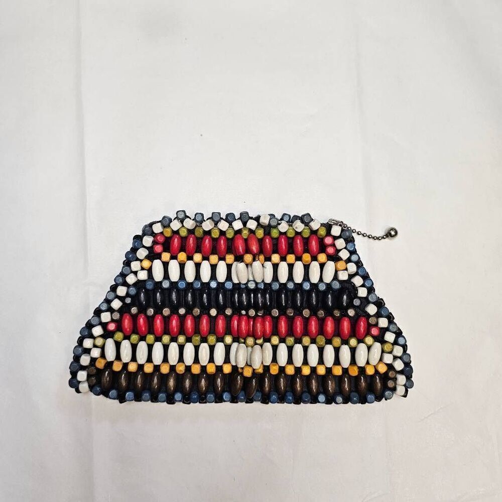 Vintage 1930s Czech Colorful Wooden Bead Clutch Suzanne Brand 4" x 7" Small Zipp
